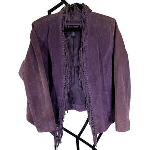 Vintage Dialogue purple 100% leather fringed jacket shoulder pads fully lined M